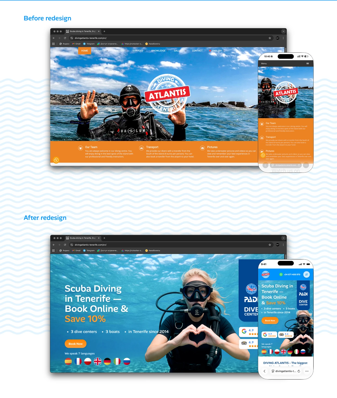 UI/UX дизайн сайта дайвинг-клуба Diving Atlantis Tenerife